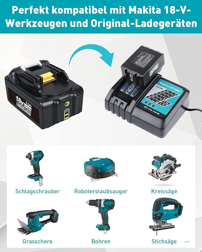 2 Stück BL1850B 5.5Ah Ersatzakku für Makita Akku 18V mit Ladegerät für Makita