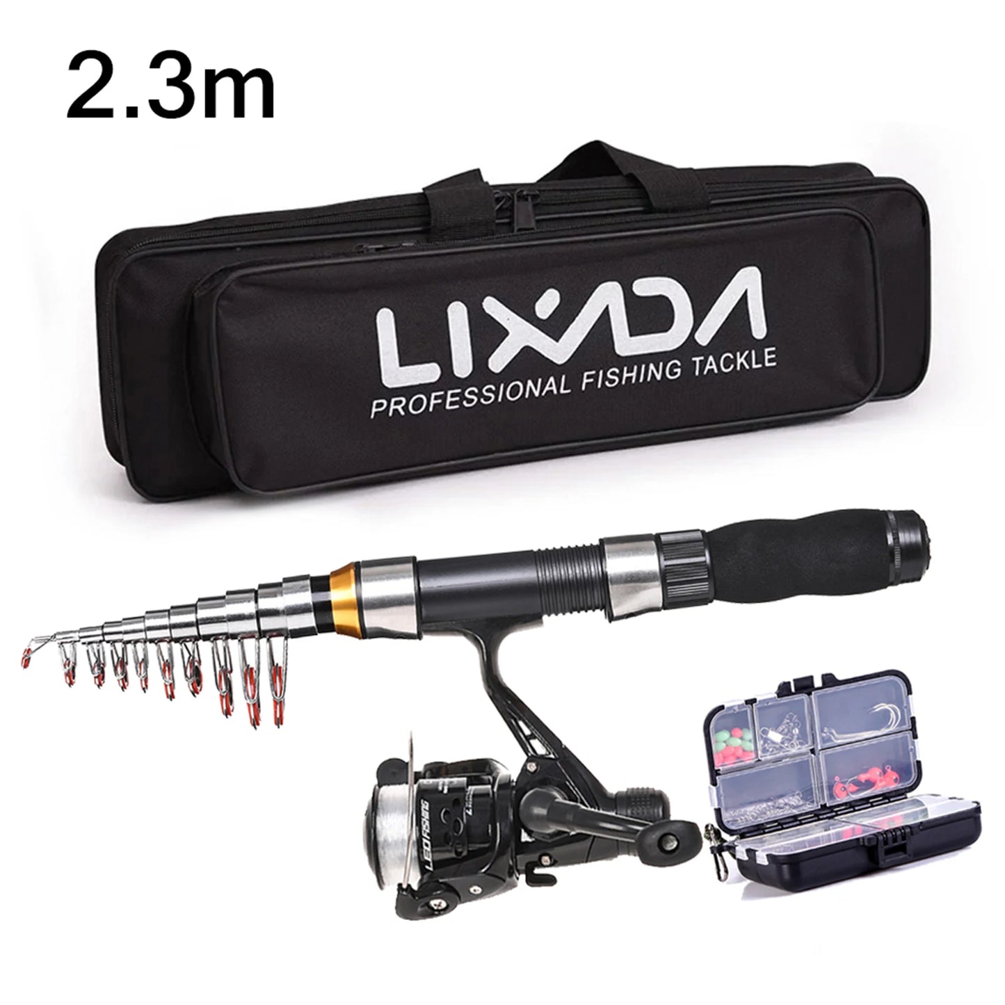 Lixada Fishing Rod Reel Combo Full Kit 2.1m 2.3m Telescopic Fishing Rods 2PCS Spinning Reels Set Hooks Soft Lures Barrel Swivels