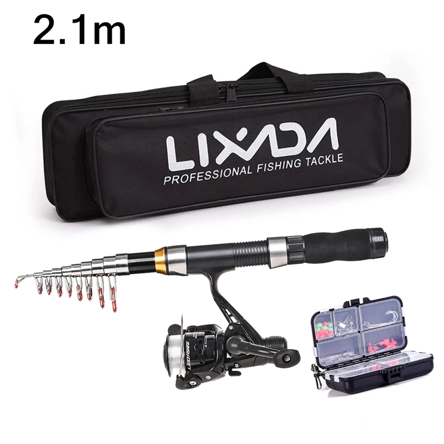 Lixada Fishing Rod Reel Combo Full Kit 2.1m 2.3m Telescopic Fishing Rods 2PCS Spinning Reels Set Hooks Soft Lures Barrel Swivels