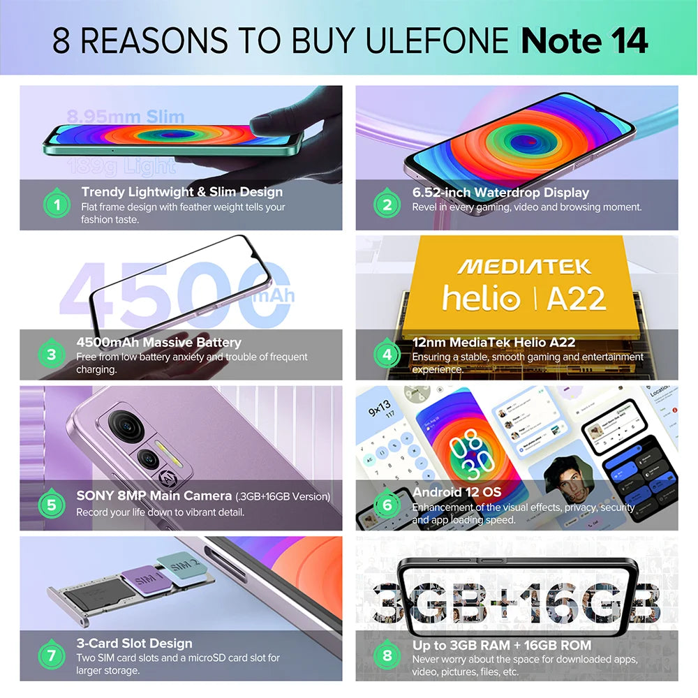 Ulefone Note 14 Smartphone 4500mAh Android 12 inch 16 Go ROM 13MP 4G Phone portable 3 card/unlock slot