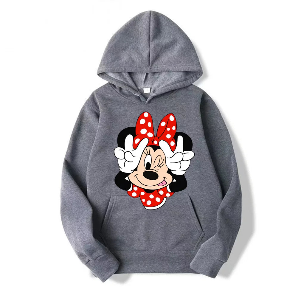 2024 Disney Minnie Mouse Cartoon Anime Women Pullover Tops Spring Autumn Men Hoodie Fashion Red Sports Couple Sweatshirt Clothes