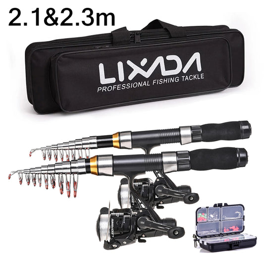 Lixada Fishing Rod Reel Combo Full Kit 2.1m 2.3m Telescopic Fishing Rods 2PCS Spinning Reels Set Hooks Soft Lures Barrel Swivels