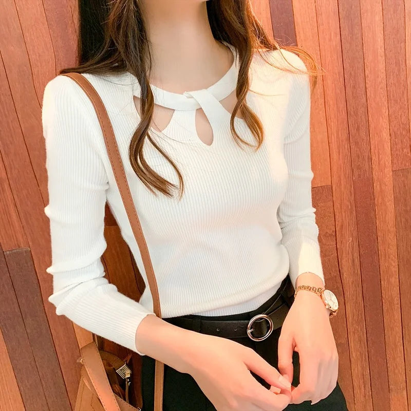 Women's O-neck Stretch Sexy Pullover Lady 2024 Autumn Winter Hollow Solid Color Sweater Slim Bottoming Shirt Jumper Sueter