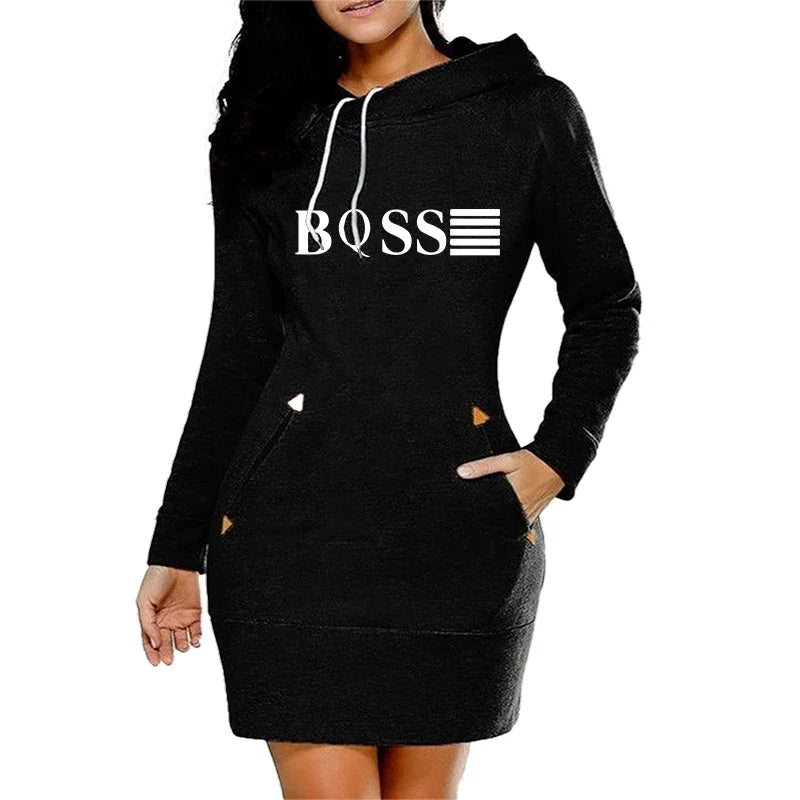 Simplicity Midi Dresses Casual Autumn Winter Daily Comfortable Fashion Slim Fit Pocket Long Sleeves Hoodies Collar Zipper Design