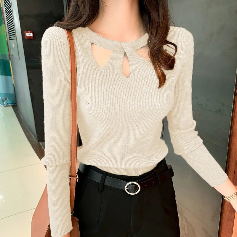 Women's O-neck Stretch Sexy Pullover Lady 2024 Autumn Winter Hollow Solid Color Sweater Slim Bottoming Shirt Jumper Sueter