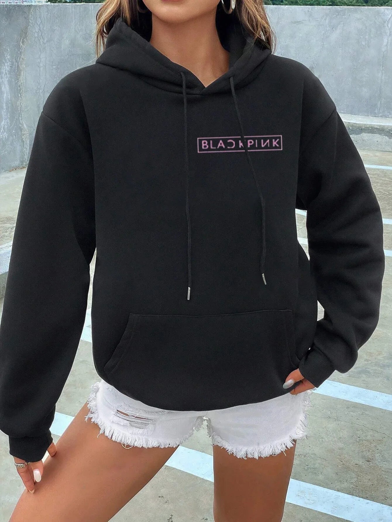 Double Sided Black and Pink Print Women Hoodie Kpop Tide Fleece Long Sleeve Tops Harajuku Fashion Couple Autumn Women Sweatshirt