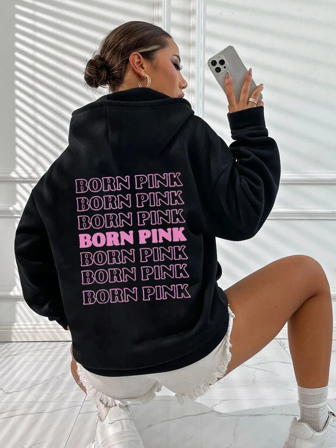 Double Sided Black and Pink Print Women Hoodie Kpop Tide Fleece Long Sleeve Tops Harajuku Fashion Couple Autumn Women Sweatshirt