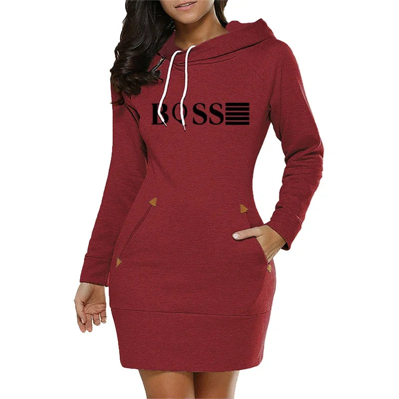 Simplicity Midi Dresses Casual Autumn Winter Daily Comfortable Fashion Slim Fit Pocket Long Sleeves Hoodies Collar Zipper Design